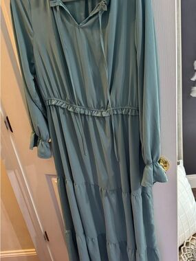 Long Sage Green Tiered Long-Sleeve Dress with Tie Neck
